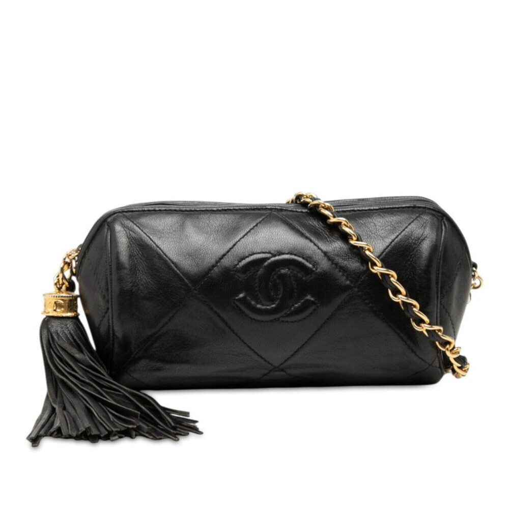 Chanel Coco Mark Matelassé Tassel Chain Shoulder Bag, Black and Gold, Lambski...